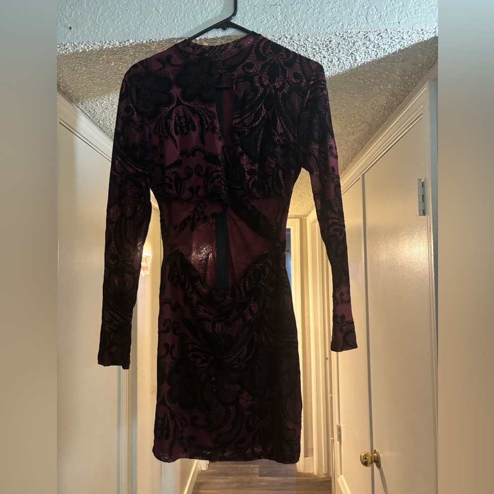 Burgundy with black velvet floral cut out mini dress